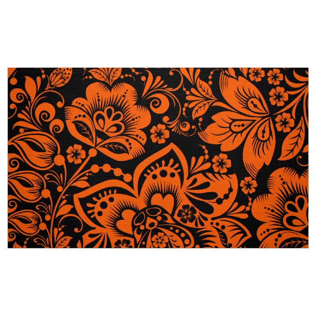 Halloween Orange Blumenmuster Schwarzer Hintergrun Stoff (Fat Quarter (45,7 x 55,9 cm))
