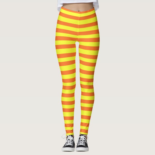 Halloween Orange, Gelb Strips Leggings (Vorderseite)