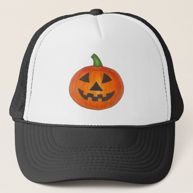 Halloween Orange Jack o' Lantern Pumpkin Carvur Truckerkappe (Vorderseite)