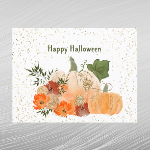 Halloween Orange Kürbisse Gold Konfetti Blumen Feiertagspostkarte