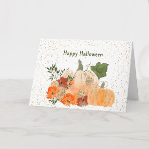 Halloween Orange Kürbisse Gold Konfetti Blumen Karte