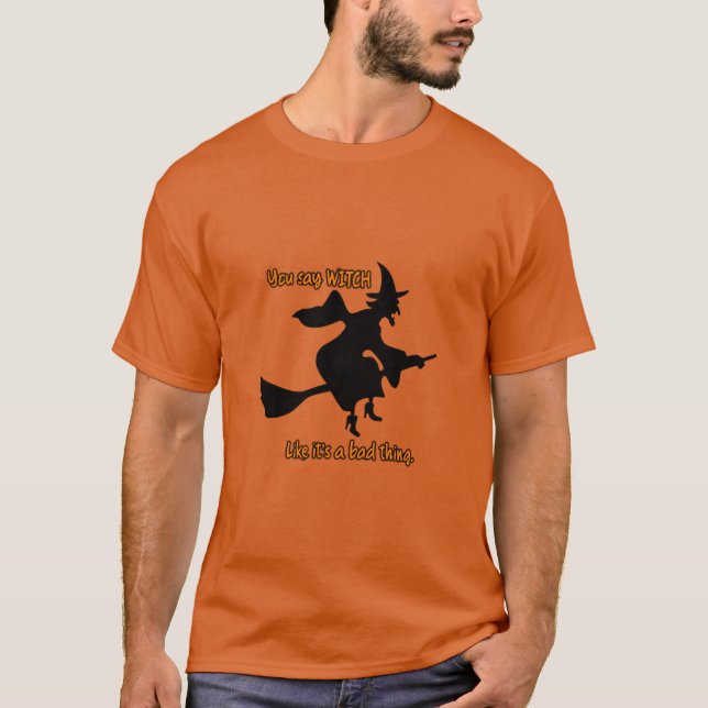 Halloween Orange Laughing Witch Broom Topographie T-Shirt (Vorderseite)