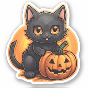 Halloween Orange Pumpkin Adorable Small Black Cat Aufkleber