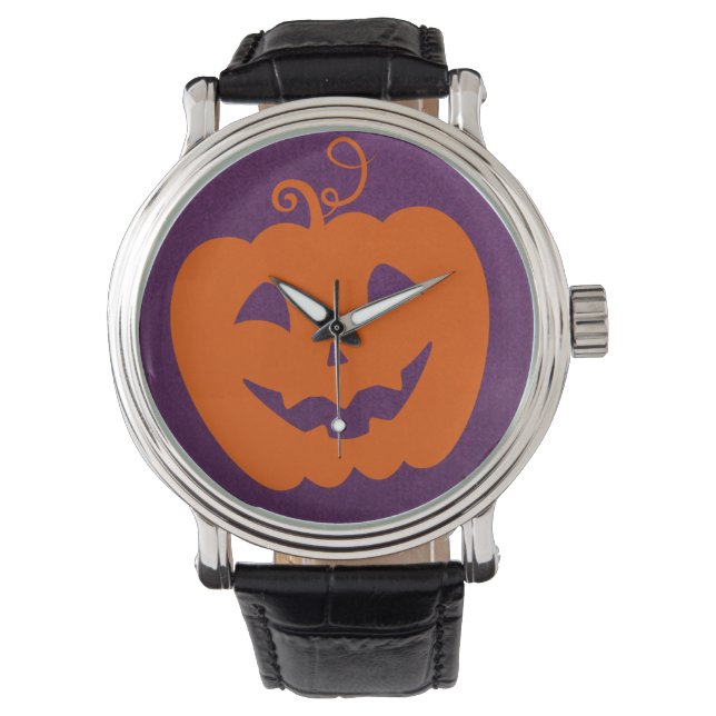 Halloween Orange Pumpkin im Lila Hintergrund Armbanduhr (Vorderseite)