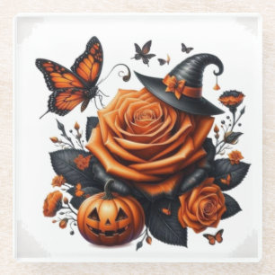 Halloween Orange Rose Hexenhut Kürbis Glasuntersetzer