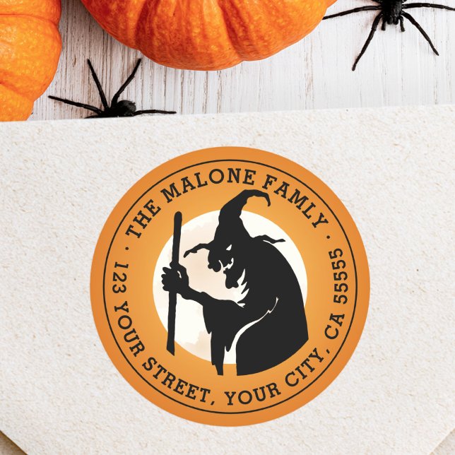 Halloween-Orange-Rücksendeadresse Runder Aufkleber (Witch and moon Halloween orange return address Classic Round Sticker)