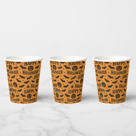 Halloween Orange & Schwarze Jack-O-Lantern-Flederm Pappbecher