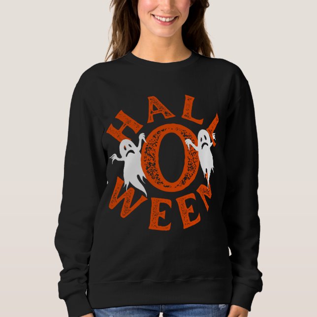 Halloween Orange Typografie-Geister Sweatshirt (Vorderseite)