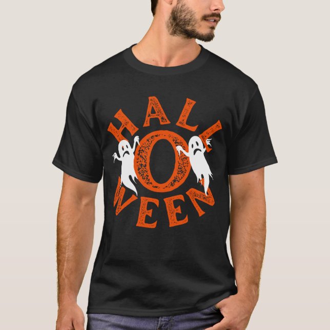 Halloween Orange Typografie-Geister T-Shirt (Vorderseite)