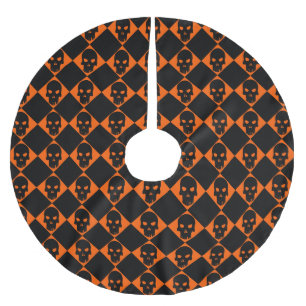 Halloween Orange und Black Harlequin Skull Polyester Weihnachtsbaumdecke