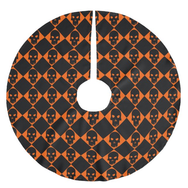 Halloween Orange und Black Harlequin Skull Polyester Weihnachtsbaumdecke (Vorderseite)