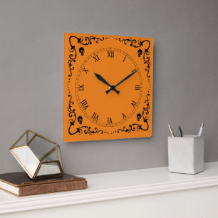 Halloween Orange- und Schwarz-Zauber-Rand Quadratische Wanduhr