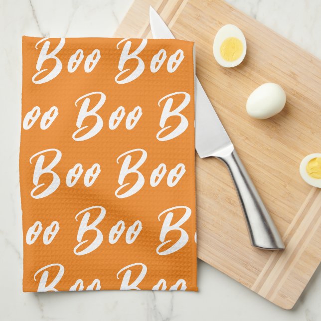 Halloween Orange und Weiß boo Textmuster Geschirrtuch (Viertel Falte)