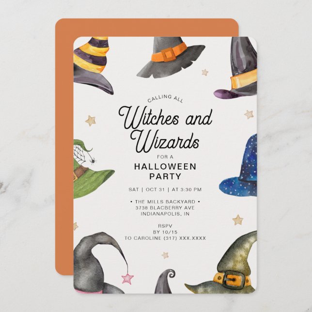 Halloween Orange Wizards & Hexen Party Einladung (Vorne/Hinten)