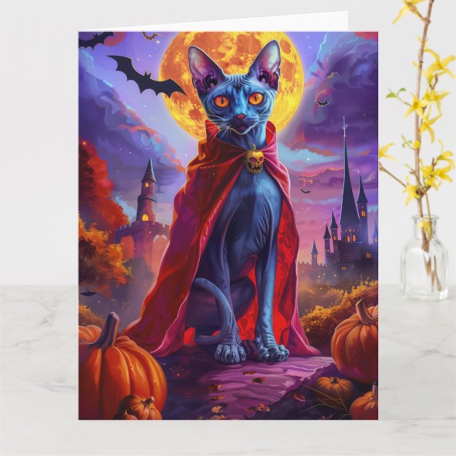 Halloween Oriental Blue Cat Vampire Pumpkins Beäng Karte (Gelbe Blume)