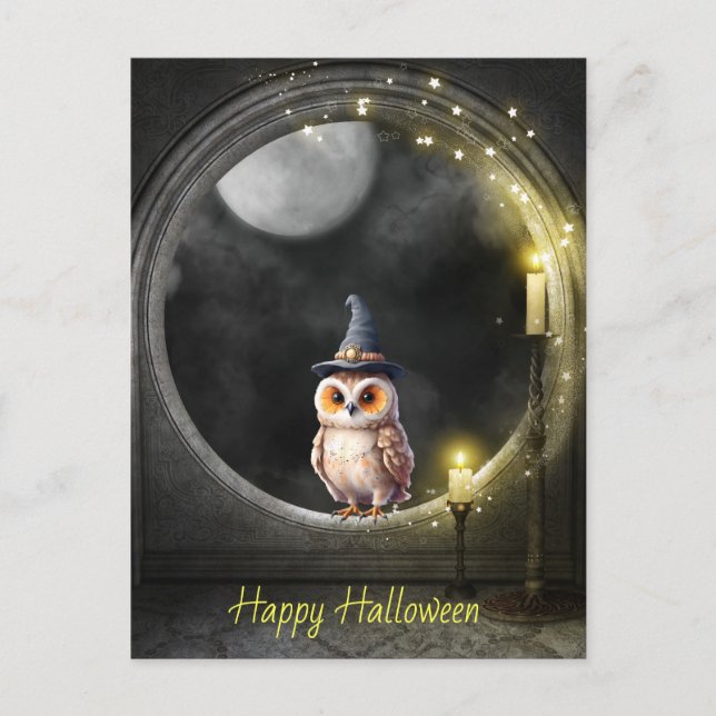 Halloween Owl im Rundturmfenster Postkarte (Vorderseite)