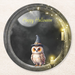 Halloween Owl im Rundturmfenster Runder Pappuntersetzer