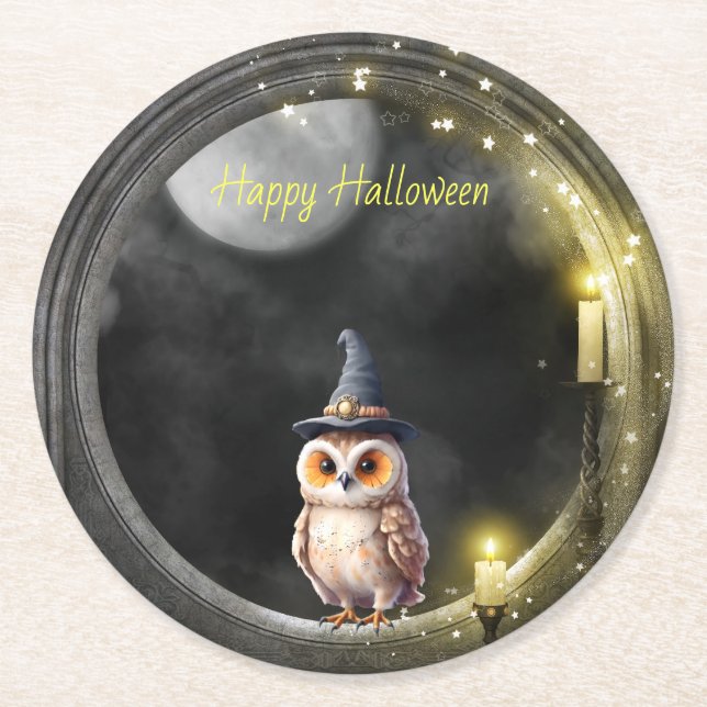 Halloween Owl im Rundturmfenster Runder Pappuntersetzer (Vorderseite)