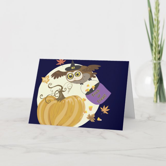 Halloween Owl Trick oder Treat Grußkarte Karte (Vorderseite)