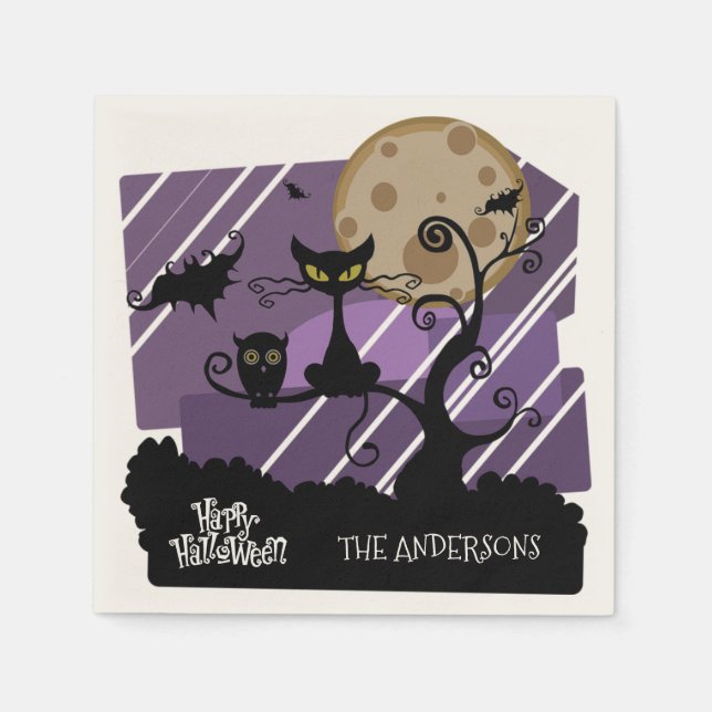 Halloween Owl und Cat Personalisiert Napkin Serviette (Vorderseite)