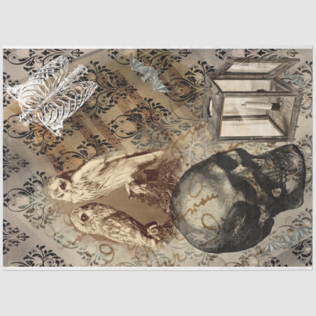 Halloween Owl und Skull Vintages Muster Seidenpapier (Vorderseite)