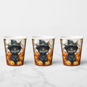 Halloween Paper Cups Black Kitten Pumpkins Pappbecher