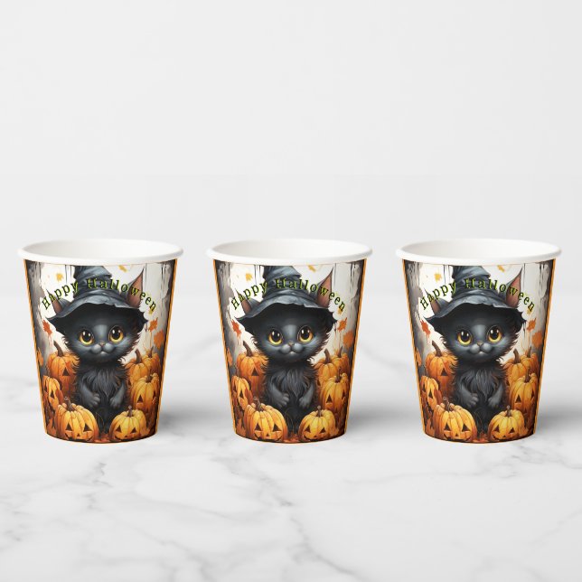 Halloween Paper Cups Black Kitten Pumpkins Pappbecher (Multi)