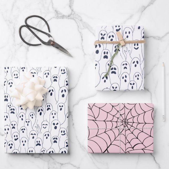 Halloween Paper - Gespenster und Spinnennetz Geschenkpapier Set (Vorderseite)