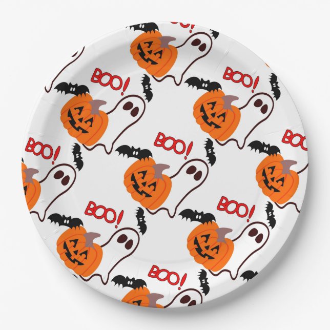 Halloween Paper Tellers 9"/Pumpkin, Geist und Fled Pappteller (Vorderseite)