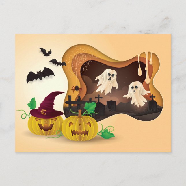 Halloween Papercut Friedhof Ghosts Postkarte (Vorderseite)
