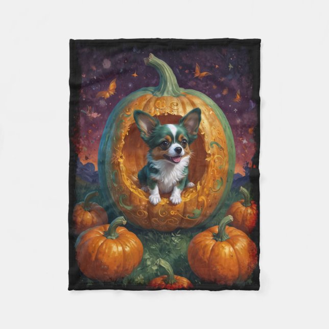 Halloween Papillon Welpe Leben in einem Kürbis Fleecedecke (Vorderseite)