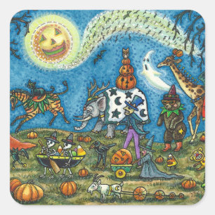 HALLOWEEN PARADE Hexe Giraffe Bear Zebra Skellies Quadratischer Aufkleber
