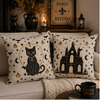 Halloween Parisian Bistro Mosaik Schwarze Katze &  Kissen