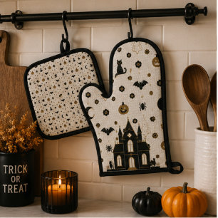 Halloween Parisian Bistro Mosaikfliesen Geisterhau Ofenhandschuh & Topflappen-Set
