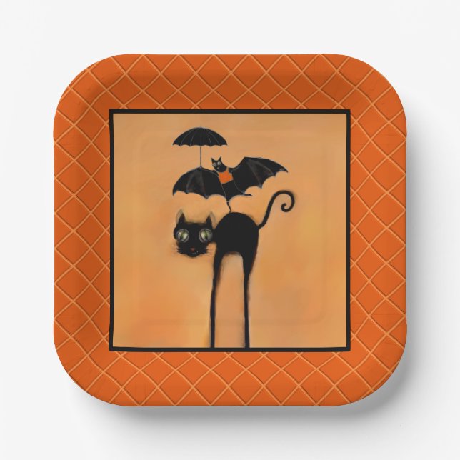 Halloween Party Black Cat and Bat Paper Plates Pappteller (Vorderseite)