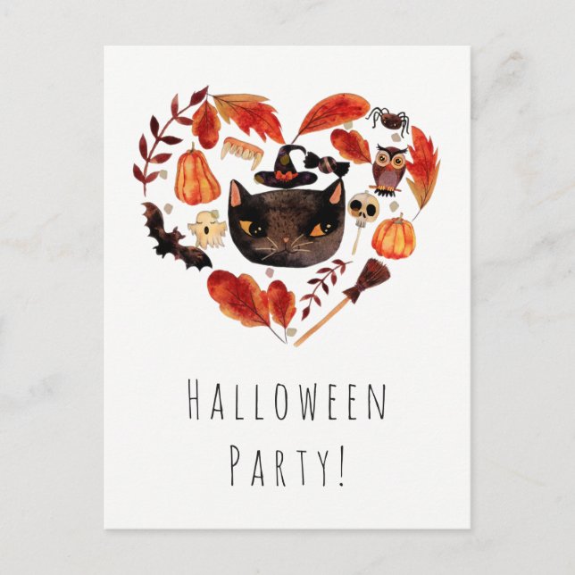 Halloween-Party Black Cat Watercolor Whimsical Einladungspostkarte (Vorderseite)