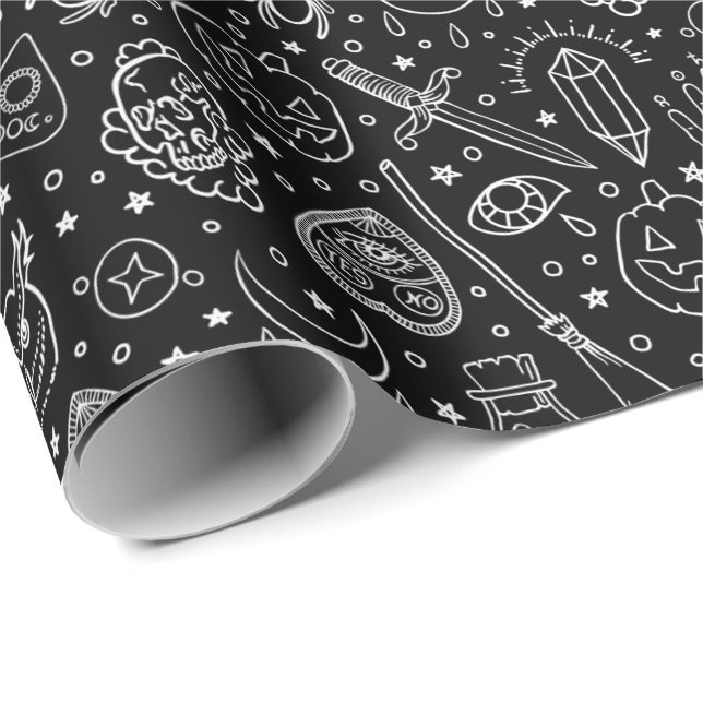 Halloween-Party Black Doodle Muster Geschenkpapier (Rolleneckpunkt)
