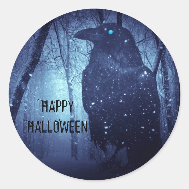 Halloween-Party Black Raven Crow Blue Forest Runder Aufkleber (Vorderseite)