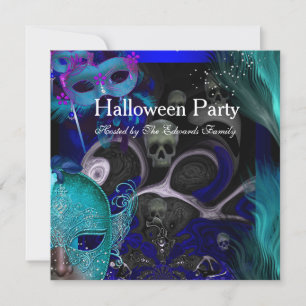 Halloween-Party Blaue Türkisfarbene Masken Maskenb Einladung