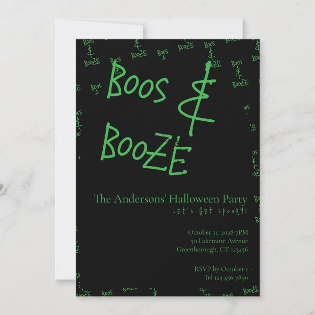 Halloween Party Boos and Booze Green Black Einladung (Vorderseite)