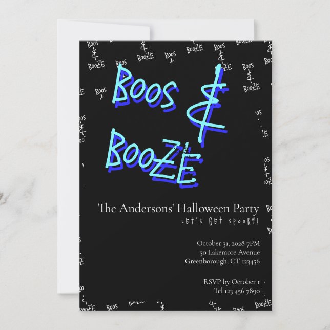 Halloween Party Boos and Booze Neon Blue Einladung (Vorderseite)