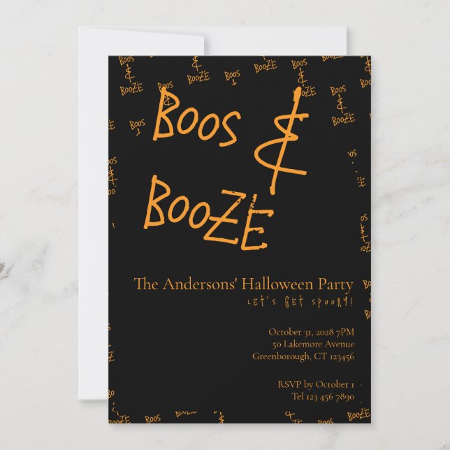 Halloween Party Boos and Booze Orange Black Einladung (Vorderseite)