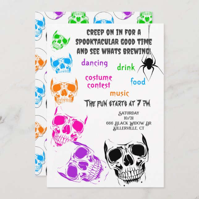 Halloween-Party Bright Skulls Einladung (Vorne/Hinten)