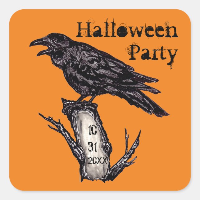 Halloween-Party Date Orange Gothic Raven Crow Quadratischer Aufkleber (Vorderseite)