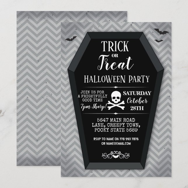 Halloween-Party einladen Sargbäume Schädelknochen Einladung (Vorne/Hinten)