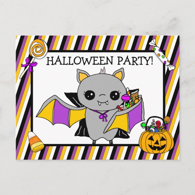 Halloween-Party Einladung mit Bat Holding Candy Postkarte (Vorderseite)