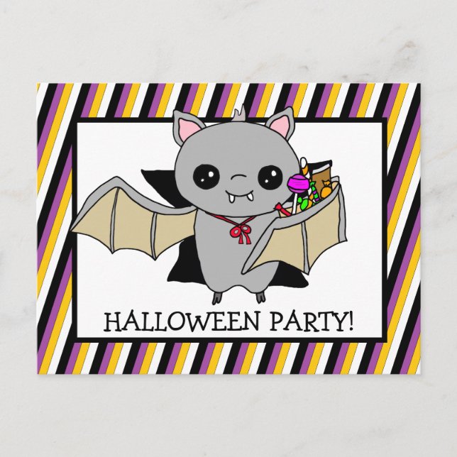 Halloween-Party Einladung mit Bat Holding Candy Postkarte (Vorderseite)