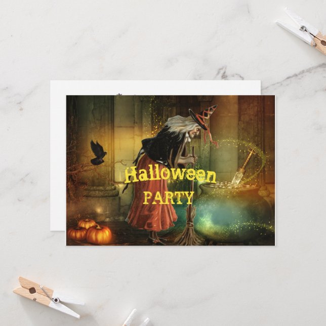 Halloween-Party Einladung mit Vintager Hexe (Vorderseite/Rückseite Beispiel)