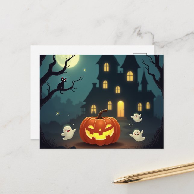 Halloween-Party-Einladung Postkarte (Vorderseite/Rückseite Beispiel)