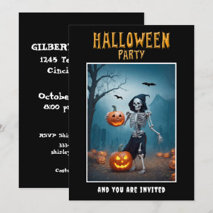 Halloween-Party-Einladung Skelett mit Kürbissen Einladung